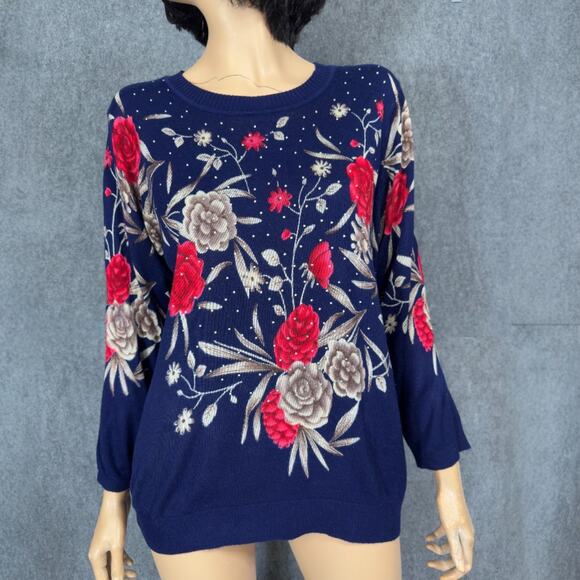 Rebecca Malone Moody Floral Sweater L Lightweight Pullover Studded Soft Vintage - Picture 3 of 14